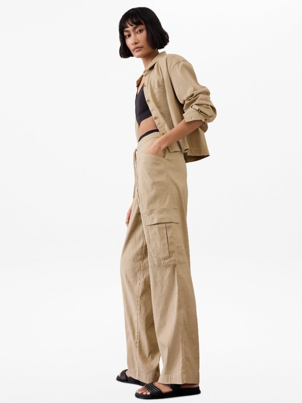NEW Athleta Flax Tan Paradise Straight Leg Cargo Pants Drawstring Waist